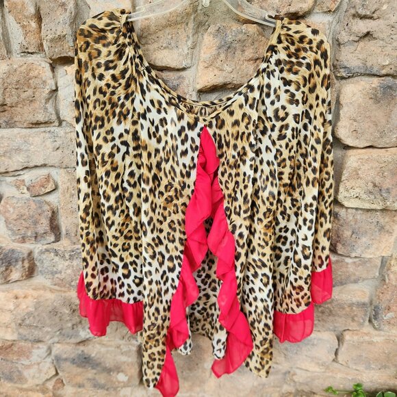 Leopard Print Flowy Blouse With Red Ruffle Trim & Open Back Design Size XL - Picture 5 of 7